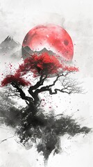 Wall Mural - Red Moon and Cherry Blossom Tree: A Japanese Ink Painting