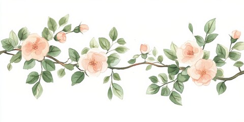 Wall Mural - A delicate watercolor illustration of peach flowers and green leaves, perfect for floral design projects and nature-themed decor.