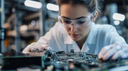  - a technician examines a circuit board in a laboratory, focusing on intricate components and connecti