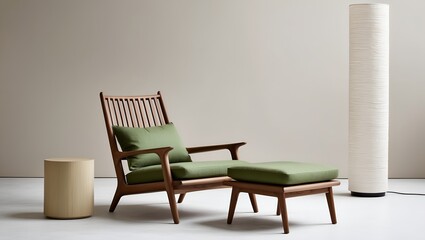 minimalist and modern interior layout featuring a wooden armchair with a slatted backrest and green cushioned seat and headrest