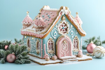 A beautiful delicious gingerbread house decorated for Christmas, with pastel pink and blue colors, on an isolated light cyan background