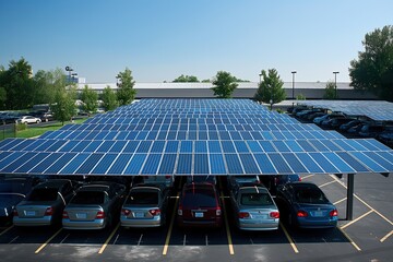 large solar panel array installed above parking lot providing shade and renewable energy at a commer