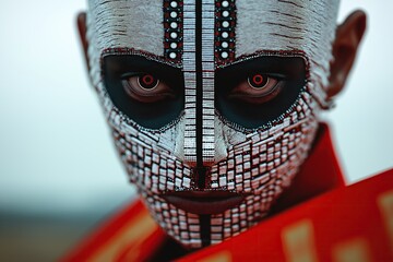 Man with mosaic mask, dark red eyes, combines tradition with futuristic elements for intense, myster