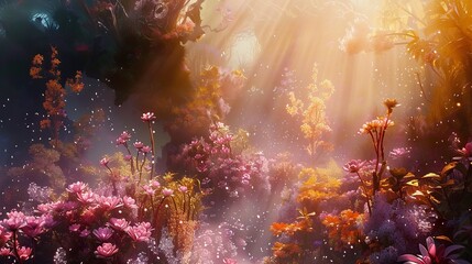 Wall Mural - Enchanted Forest: A Dreamlike Landscape of Flowers and Light