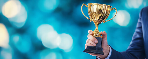 Businessman or boss holding champion golden trophy for winner, success and achievement award in business concept. Man in a suit with a gold trophy prize on blue background.