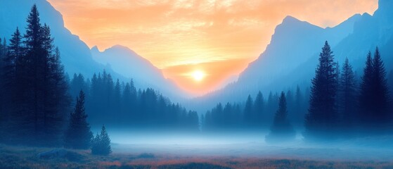 Wall Mural - A Mystical Sunrise Over Foggy Mountain Valley