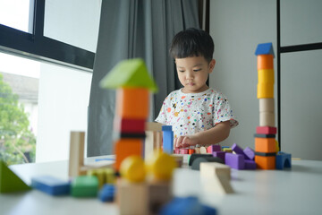 Wall Mural - Asian Child boy playing with colorful building blocks indoors. Candid indoor photography. Childhood development and learning concept