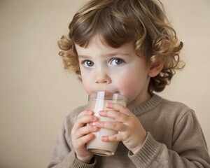 Young child enjoying a glass of milk while sitting indoors in cozy attire. Generative AI