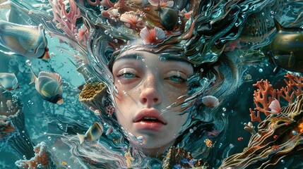 Surreal Underwater Portrait with Coral and Fish