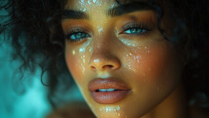 Close-up Portrait of a Woman with Wet Skin and Curly Hair