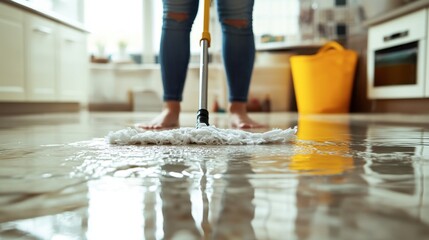 A homeowner using a mop to clean up water on the floor after a pipe burst.