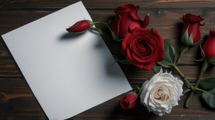 Flat lay Large white blank card note surrounded with red roses on dark wood table