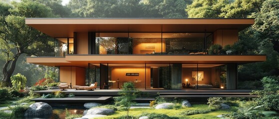 Sticker - Modern Two-Story Home with Large Windows and a Pond in a Lush Forest Setting