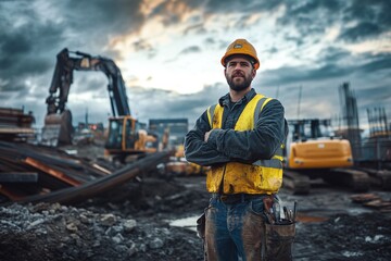 Hard-Working Construction Laborer on a Gritty Job Site with Machinery