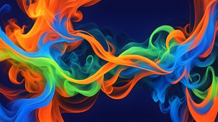 Abstract colorful smoke like shapes flowing in blue, green and orange on a dark blue background.