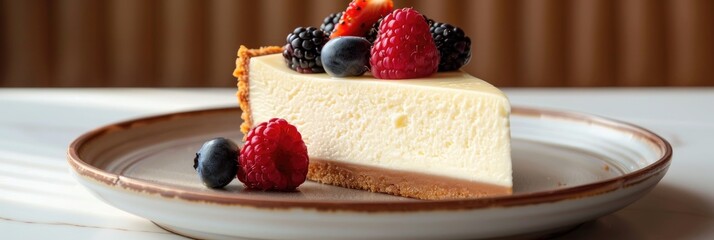 Canvas Print - Slice of cheesecake with a golden brown crust, light white filling, and fresh berries served on a plate