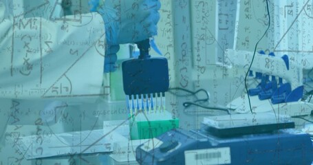 Poster - Animation of mathematical equations over biracial female scientist working in lab