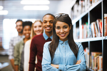 Aufkleber - Portrait, smile and friends at library for literature education, knowledge or test preparation in college. University students, woman and confidence for studying, project notes and exam report