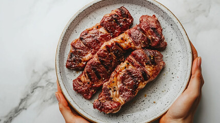 butcher’s hands expertly hold a premium raw Wagyu beef steak, showcasing its marbled texture and high quality, highlighting craftsmanship and the luxury of fine meats