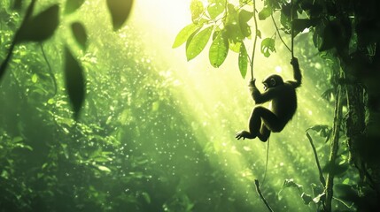 A monkey swinging from vine to vine in a dense rainforest, with sunlight filtering through the canopy.