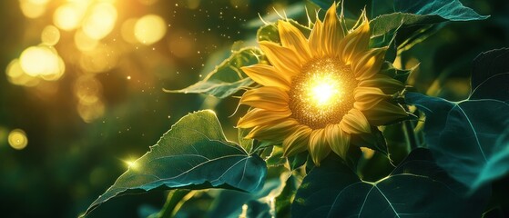 Poster - Sunlit Sunflower with Golden Glow and Green Leaves