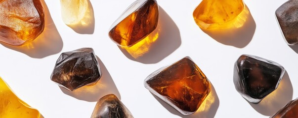 Natural amber gemstones in sunlight on white background, geometric arrangement. Mineral and natural beauty concept