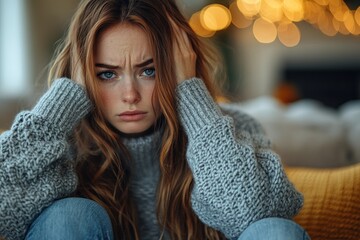 Poster - Woman in a Gray Sweater with a Worried Expression