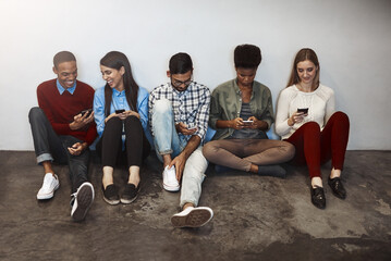 Poster - Relax, sharing or students with phone on floor for social media, learning or study break at college campus. University, chill or people texting on mobile app for reading news for online registration