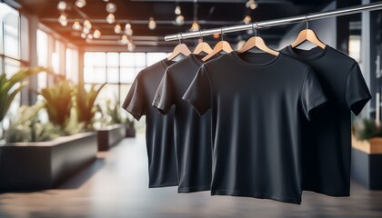 Wall Mural - Black t-shirts on hangers in a store with space for branding and logos, on blurred indoor background, concept of mockup. Generative AI