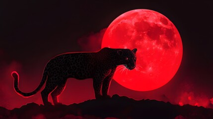 Elegant leopard silhouette posed before a haunting red night moon image