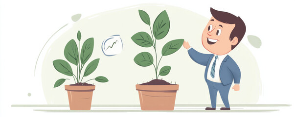 a cheerful businessman observes two flourishing plants, symbolizing growth and success in a creative