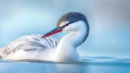 Sticker - A close up of a white bird with red eyes swimming in water, AI