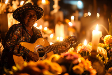 Playing Guitar in the Cemetery as a Musical Offering in Memory of Relatives on Day of the Dead