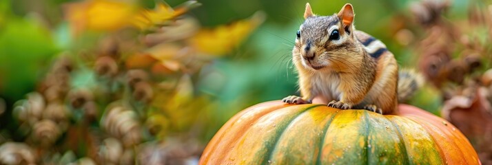 Sticker - A adorable little chipmunk sitting on a colorful green and orange pumpkin with text space available