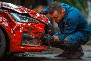 Man in blue overalls repairs front of red car damaged in accident, close up shot captured