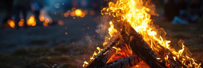 Poster - Public gathering bonfire featuring close-up flames and heat symbol, high-quality image.