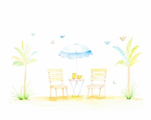 A serene beach scene featuring two chairs, a table with drinks, and palm trees, perfect for relaxation and summer vibes.