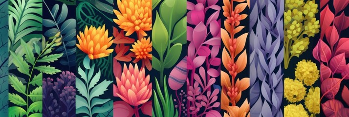 Wall Mural - Colorful Floral Pattern with Different Types of Foliage