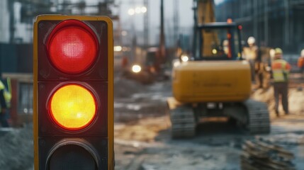 a traffic light showing red at a construction site, with workers and machinery in the background.