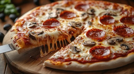 Canvas Print - Pepperoni and Mushroom Pizza with Melted Cheese