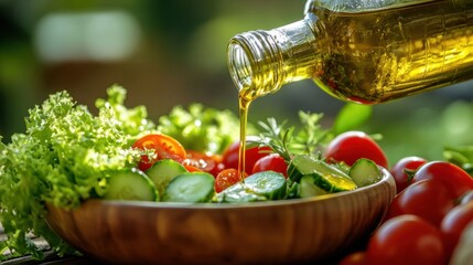 A bottle of olive oil pouring over a fresh salad with tomatoes, cucumbers, and lettuce.