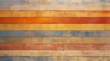 Wall Mural - A textured wooden wall featuring horizontal stripes in warm colors like orange, yellow, and blue, creating a vibrant backdrop.