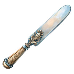 Illustration of a wedding cake knife with engraved handles, isolated transparent background