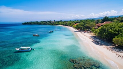 A wide view of a tropical sandy beach, with crystal clear water and a few boats anchored offshore.