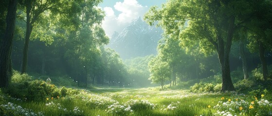 Wall Mural - Sunlit Forest Clearing with Mountain View and White Flowers