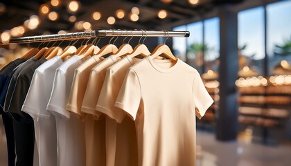 Cream t-shirts on hangers in a store with space for branding and logos, on blurred indoor background, concept of mockup. Generative AI