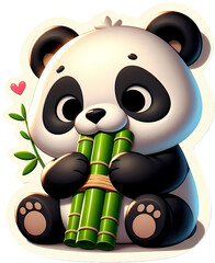 Poster - Cute cartoon panda bear eating bamboo illustration