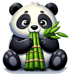 Poster - Cute cartoon panda eating bamboo, adorable animal illustration