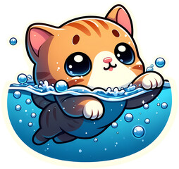 Wall Mural - Cute cartoon cat swimming in water with big eyes. Adorable kitten enjoying bath time