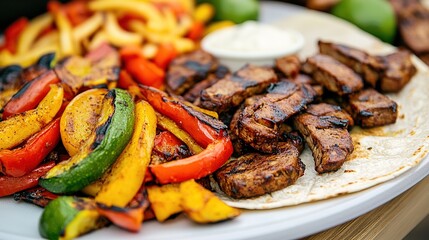 Wall Mural - Plate of Seitan Fajitas with Grilled Veggies, Showcasing a Delicious and Flavorful Vegan Dish Ideal for Culinary Presentations and Food Photography